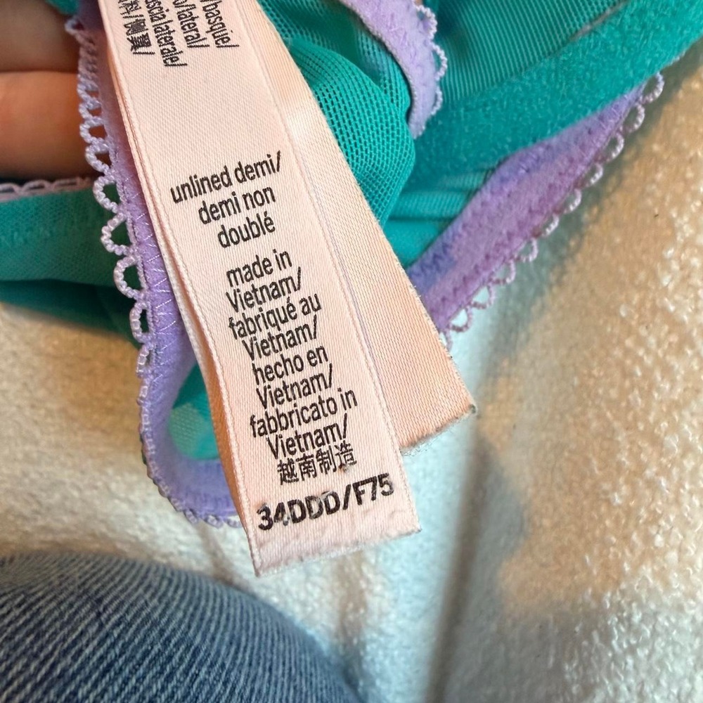 Victoria's Secret Tease Unlined Demi Bra 34DDD Teal Lavender Lace Mesh - Picture 7 of 7